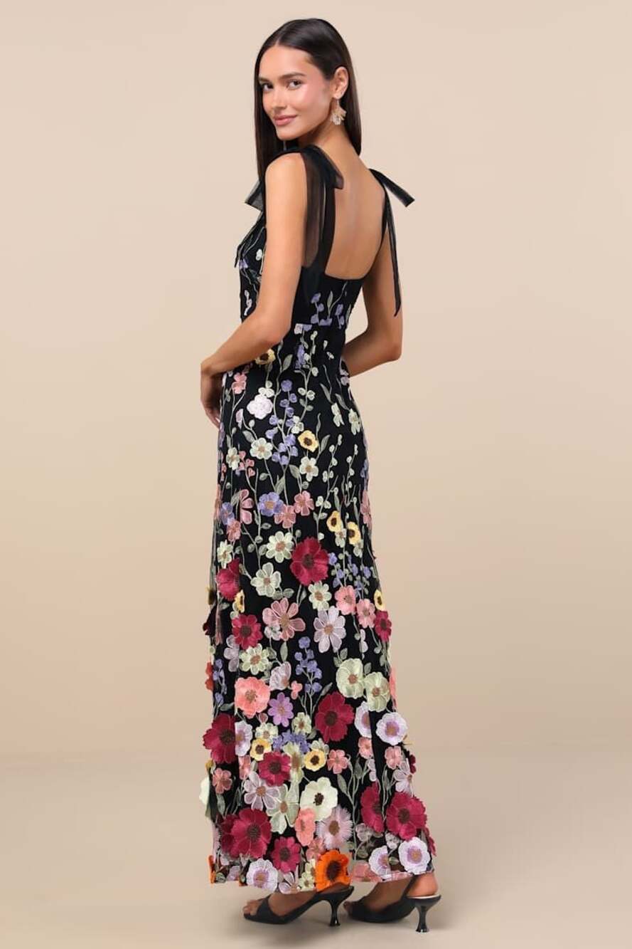 3D Floral Applique Dress - Black Floral Dress - Tie-Strap Dress - L